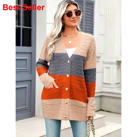 Long Sleeve Cable Knit Cardigan with Pockets Open Front Fall Sweater - Picture 3 of 7